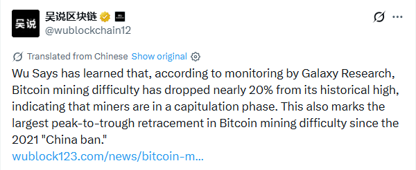 Bitcoin miner capitulation Galaxy Research difficulty drop 20