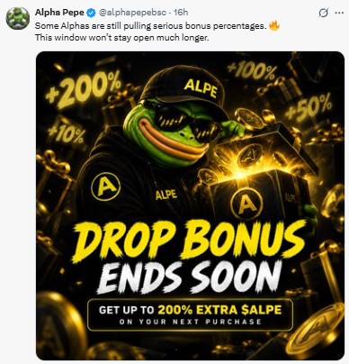 Drop Bonus" ending soon, offering "up to 200% extra $ALPE"