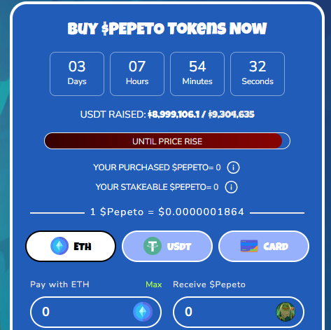 Pepeto launch date presale panel showing countdown price and funds raised