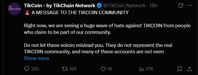 TikCoin Network Faces Community Backlash as Team Defends Project