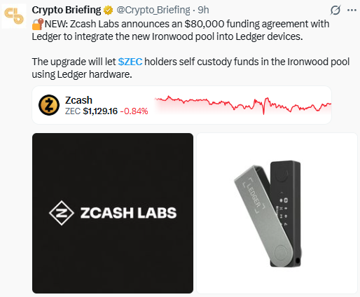 Zcash Ironwood Ledger Deal: $80K Funding From Zcash Labs