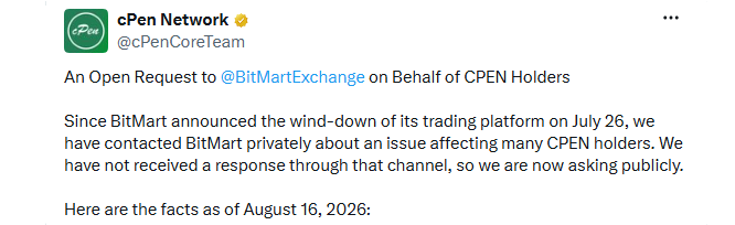 BitMart CPEN Withdrawal Issues