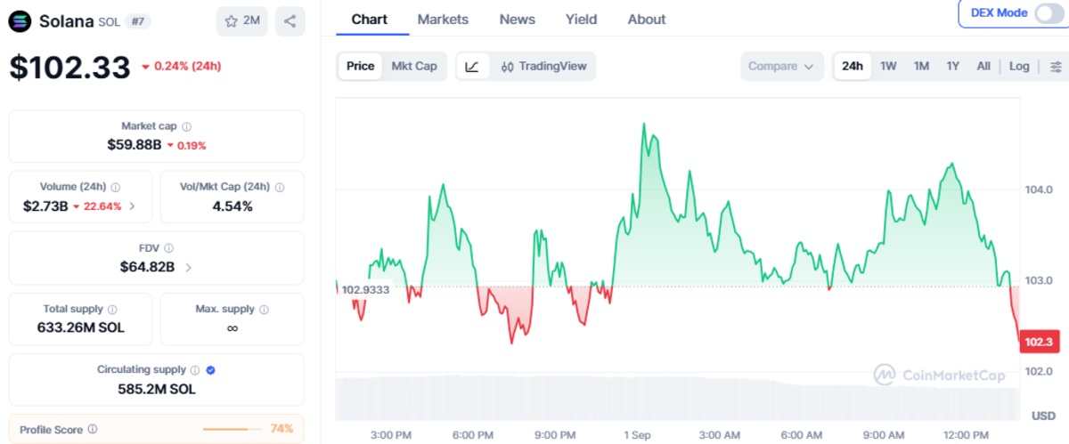 Official CoinMarketCap chart showing Solana price details