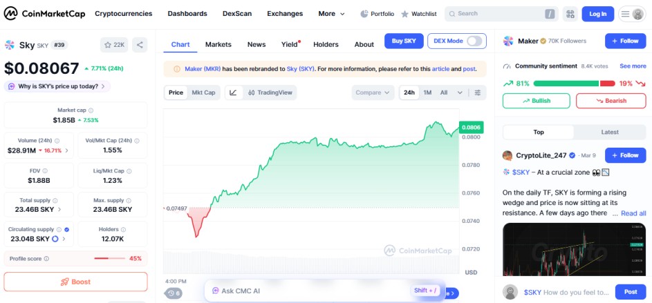 top crypto gainers, SKY