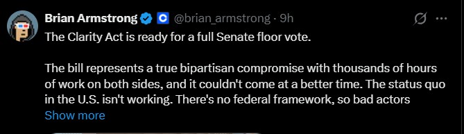 Coinbase CEO Brian Armstrong Supports Full Senate Vote on CLARITY Act
