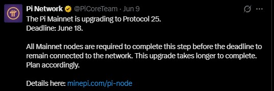 Pi Network Protocol 25 Node Upgrade on June 18 Pi Network Protocol 25 Node Upgrade on June 18