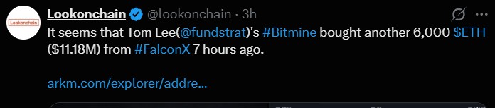 Tom Lee BitMine ETH Buys: 6,000 Tom Lee BitMine ETH Buys: 6,000