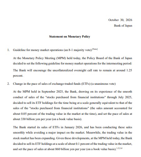 The Bank of Japan held its policy rate at about 1.25 percent