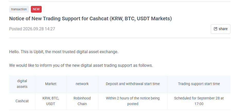 Upbit CashCat Listing Details Upbit CashCat Listing Details