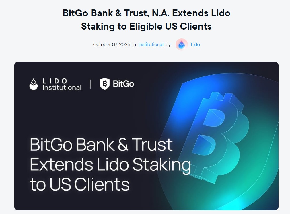 BitGo Bank & Trust now offers Lido ETH staking to eligible U.S.