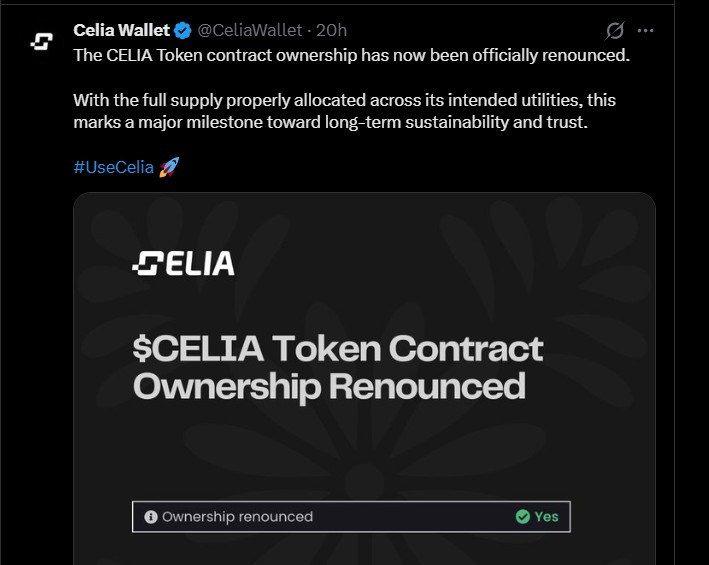 Celia Token Listing Date and Ownership Renounced