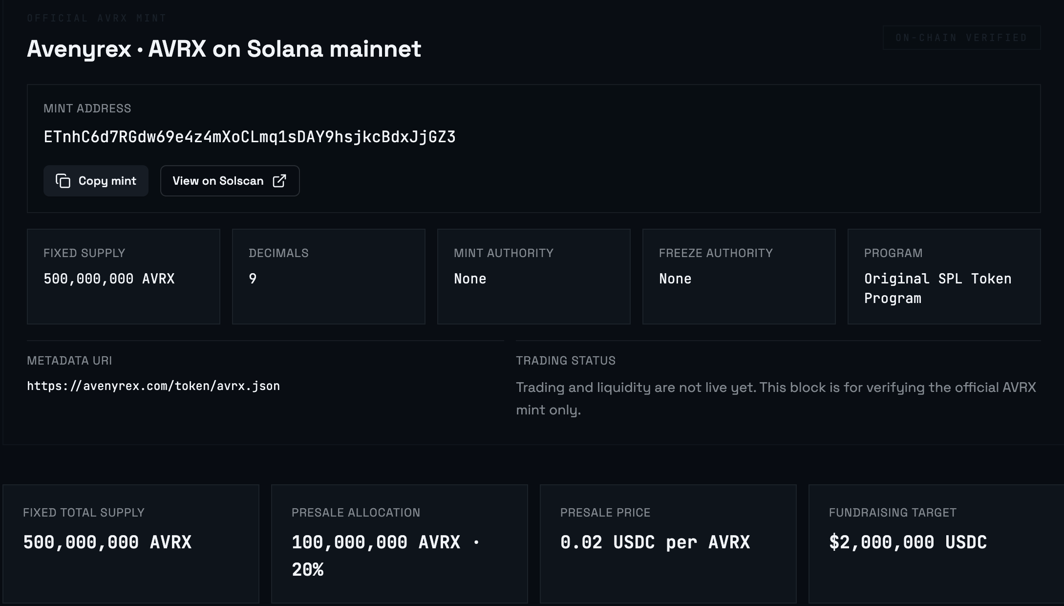 Avenyrex official Tokenomics page