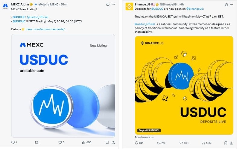 USDUC Binance.US and MEXC listing announcement