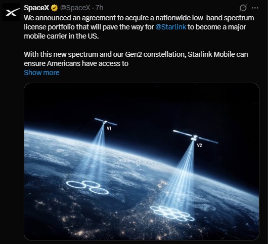 SPACEX ANNOUNCED AN AGREEMENT TO AQQUIRE A NATIONAWIDE SPECTRUM