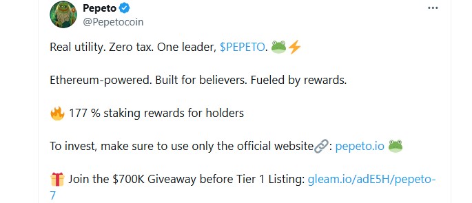 Pepeto staking rewards sitting at 177% APY