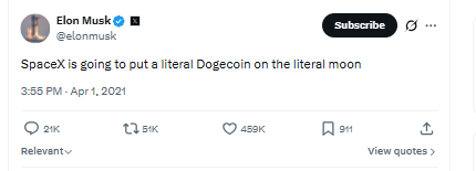 Elon Musk tweeted, "SpaceX is going to put a literal Dogecoin on the moon