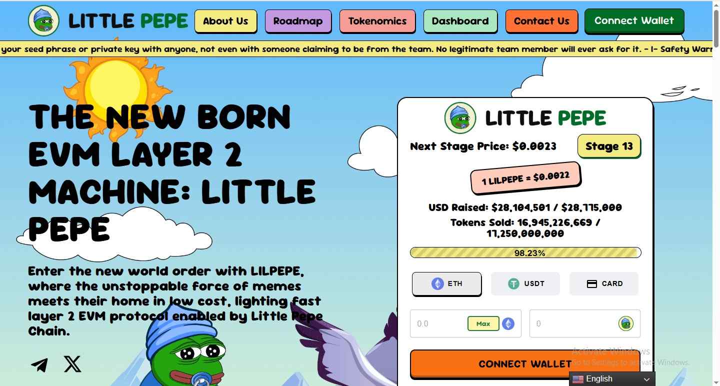 Little Pepe presale stage 13 with $0.0022 price and 98 percent progress