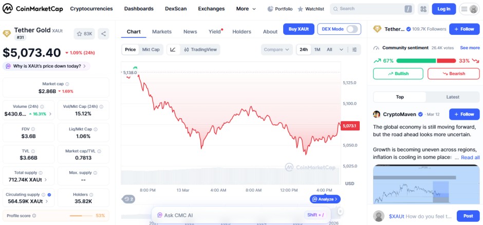 top crypto losers 24H, XAUt
