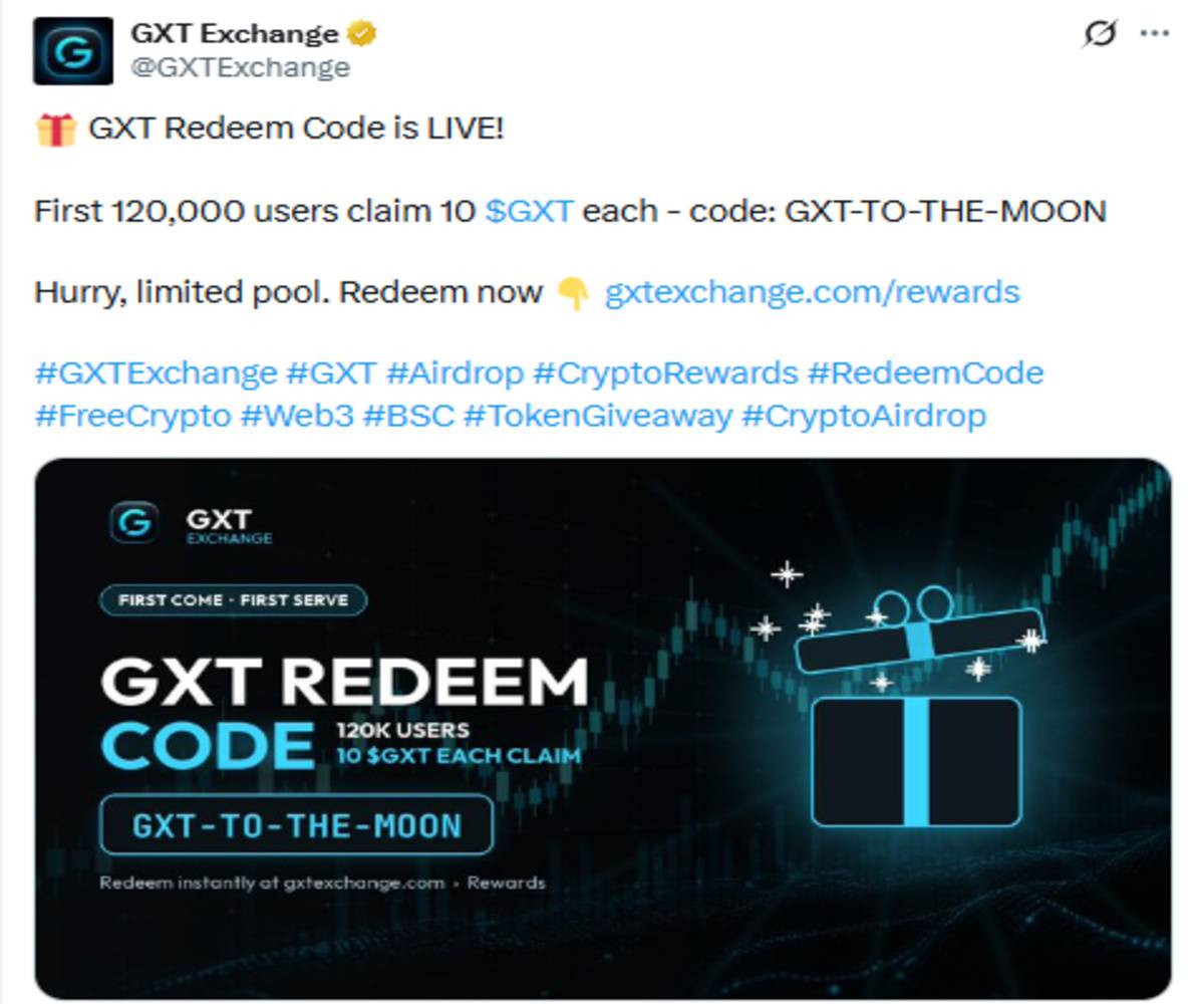 GXT exchange official X post screenshot showing redeem code details