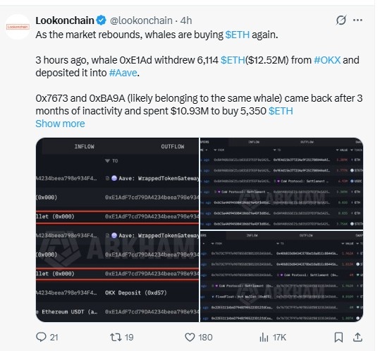 Ethereum whale accumulation data showing 6114 ETH withdrawal and large ETH purchases
