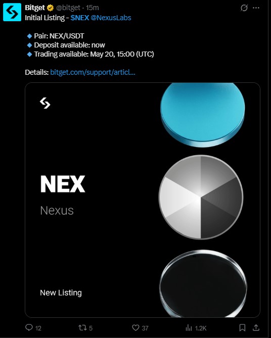 Bitget confirmed the NEX listing