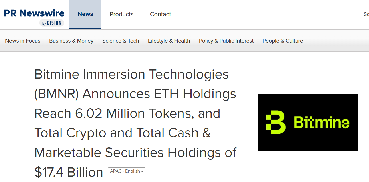 BitMine Now Holds 6.01M ETH