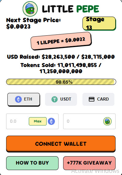 Little Pepe listing date presale 98.65% sold Stage 13 LILPEPE 2026 