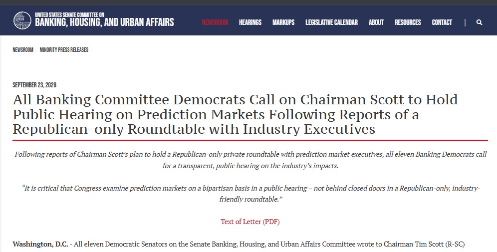 Senate Banking Democrats Call for Public Prediction Market Hearing Senate Banking Democrats Call for Public Prediction Market Hearing