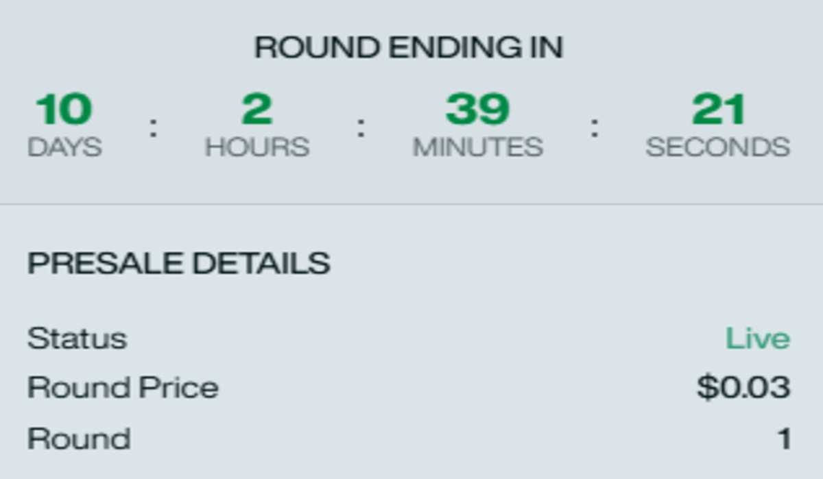 Live presale dashboard screenshot showing token price and round