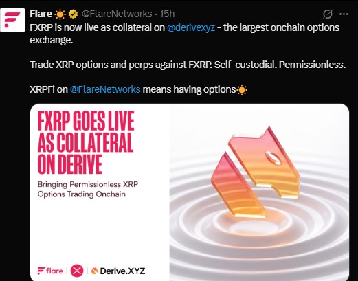 Flare Networks announced that FXRP is now live as collateral on Derive Flare Networks announced that FXRP is now live as collateral on Derive