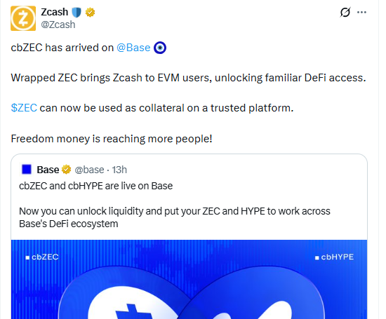 Zcash News: cbZEC launches on Base for DeFi 