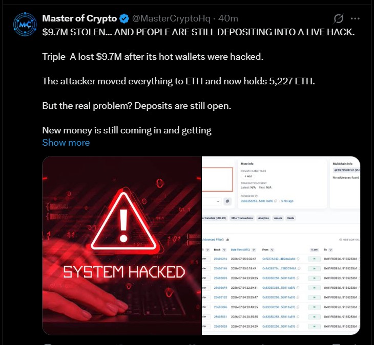Triple-A Hack: $9.7M Stolen, Deposits Still Open