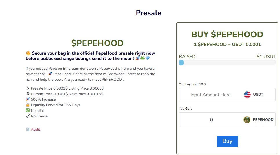 PepeHood presale page
