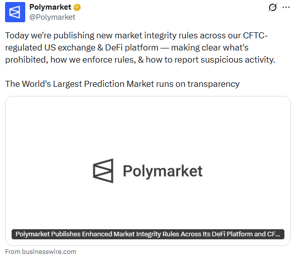Polymarket market integrity rules update on insider trading and manipulation