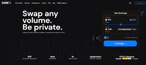  Godex instant cryptocurrency exchange platform featuring 929 supported assets with fixed-rate swaps and zero volume limits