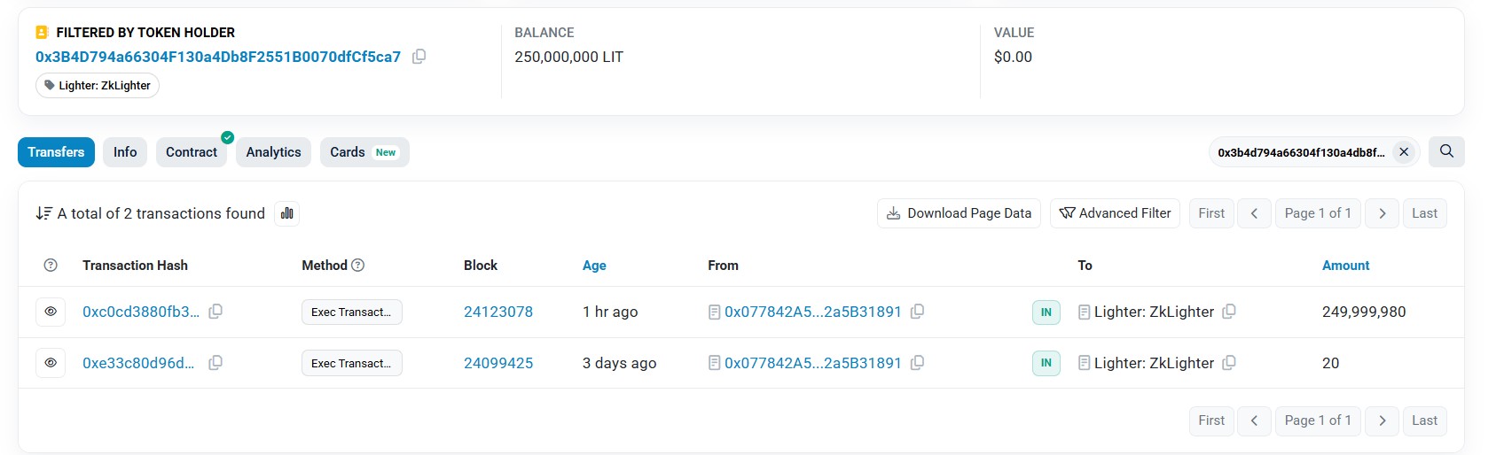 Official Page Showing On chain transfer of LIT Token