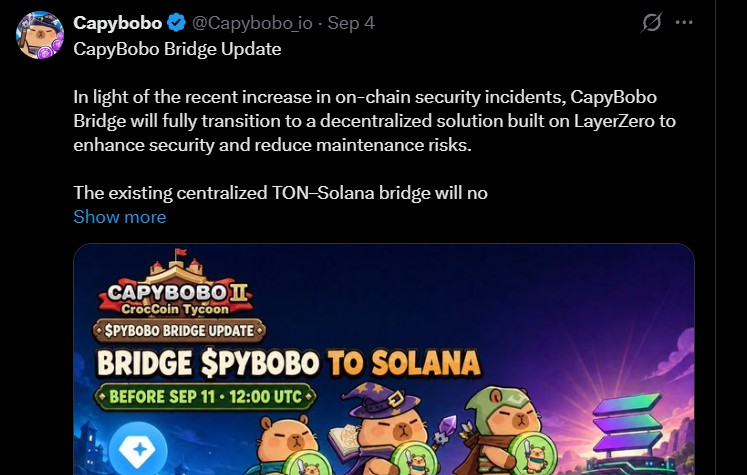 Capybobo Bridge Moves From Centralized TON-Solana System to LayerZero
