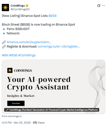 CoinWings update showing Block Street (BSB) trading support and BSBUSDT market listing
