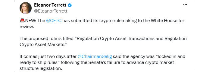 CFTC sent crypto market rulemaking to the White House CFTC sent crypto market rulemaking to the White House