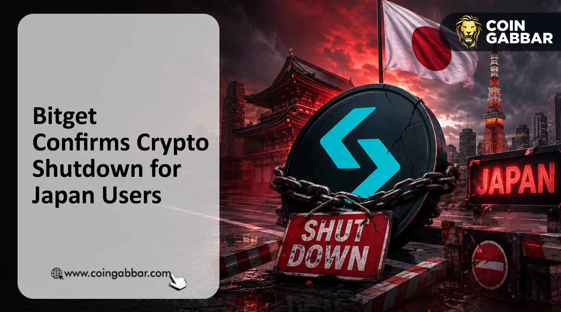 Crypto Shutdown News graphic showing Bitget's Japan exit announcement