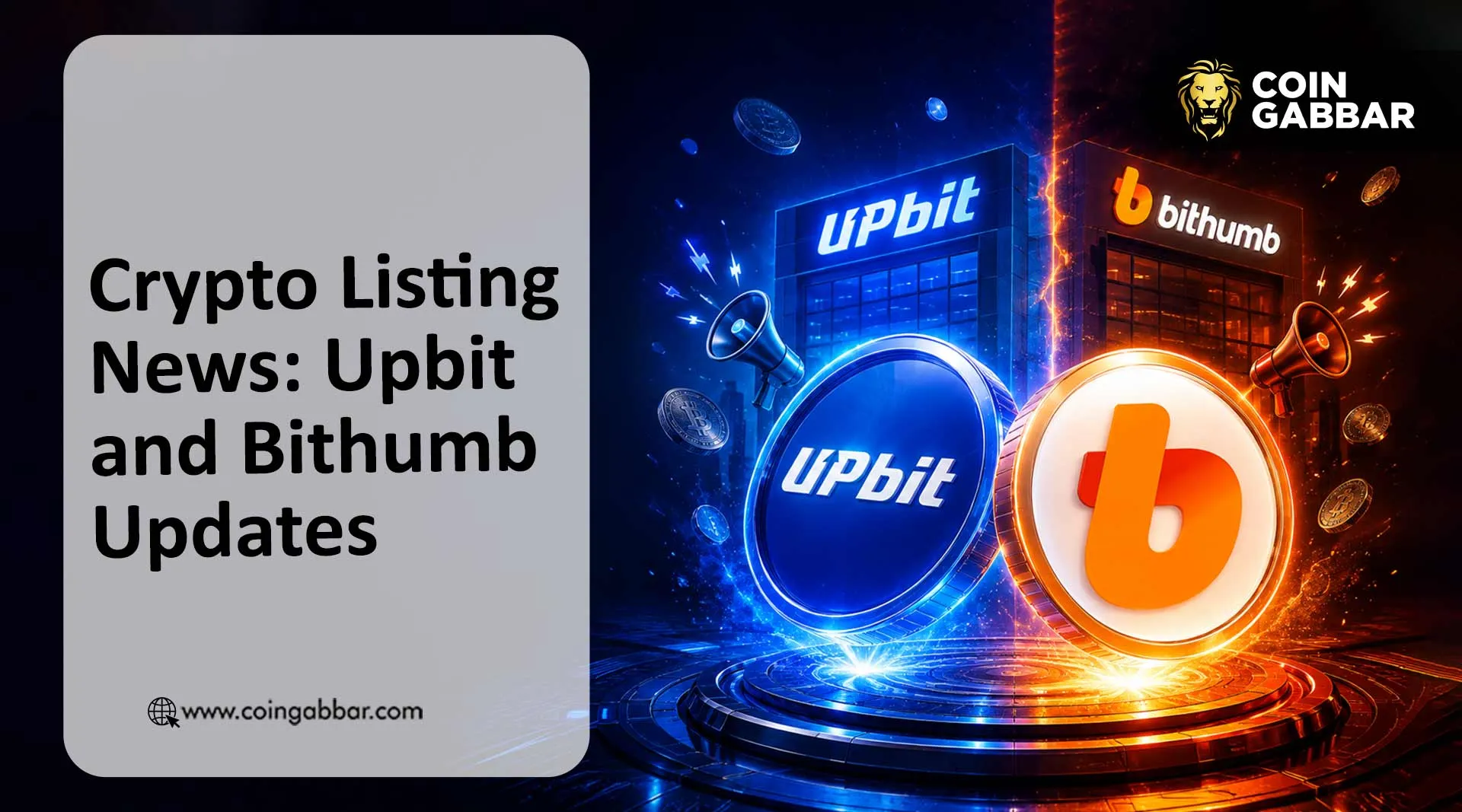 Crypto Listing News graphic showing Upbit HOME and Bithumb