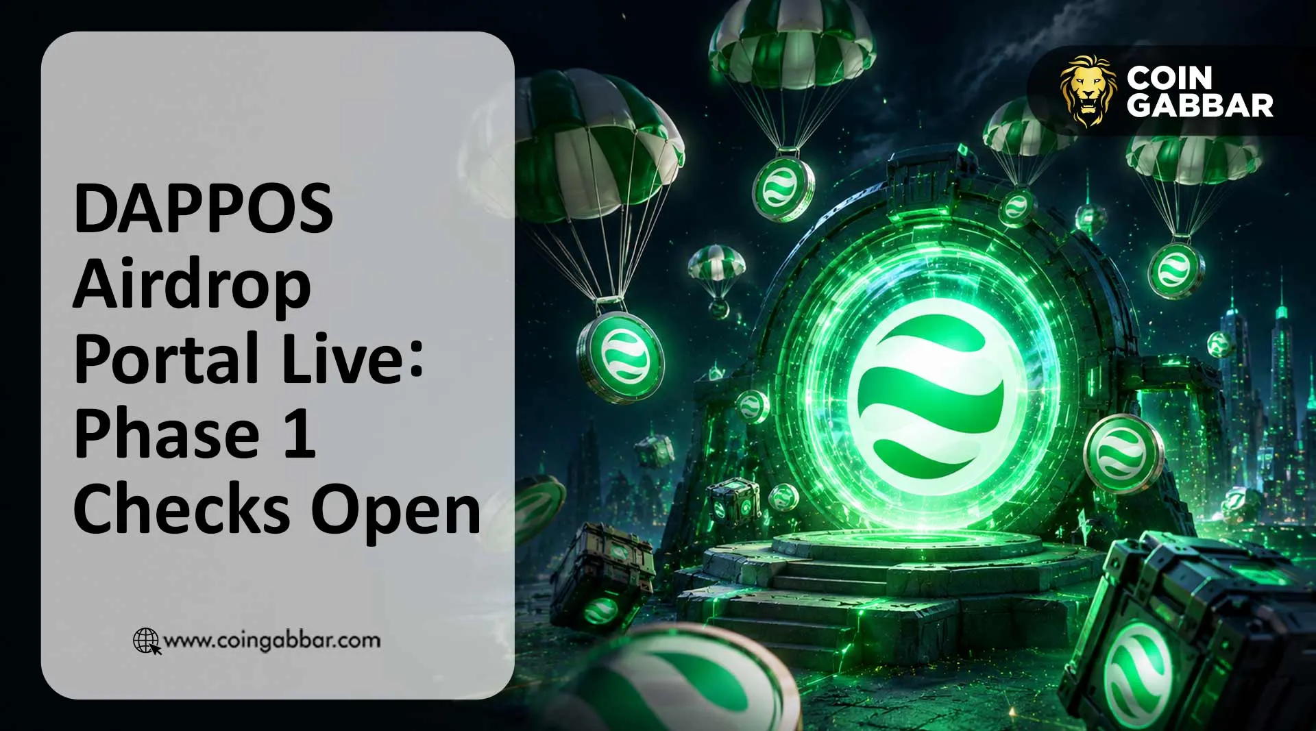DAPPOS airdrop portal Phase 1 announcement banner with mascot holding coin