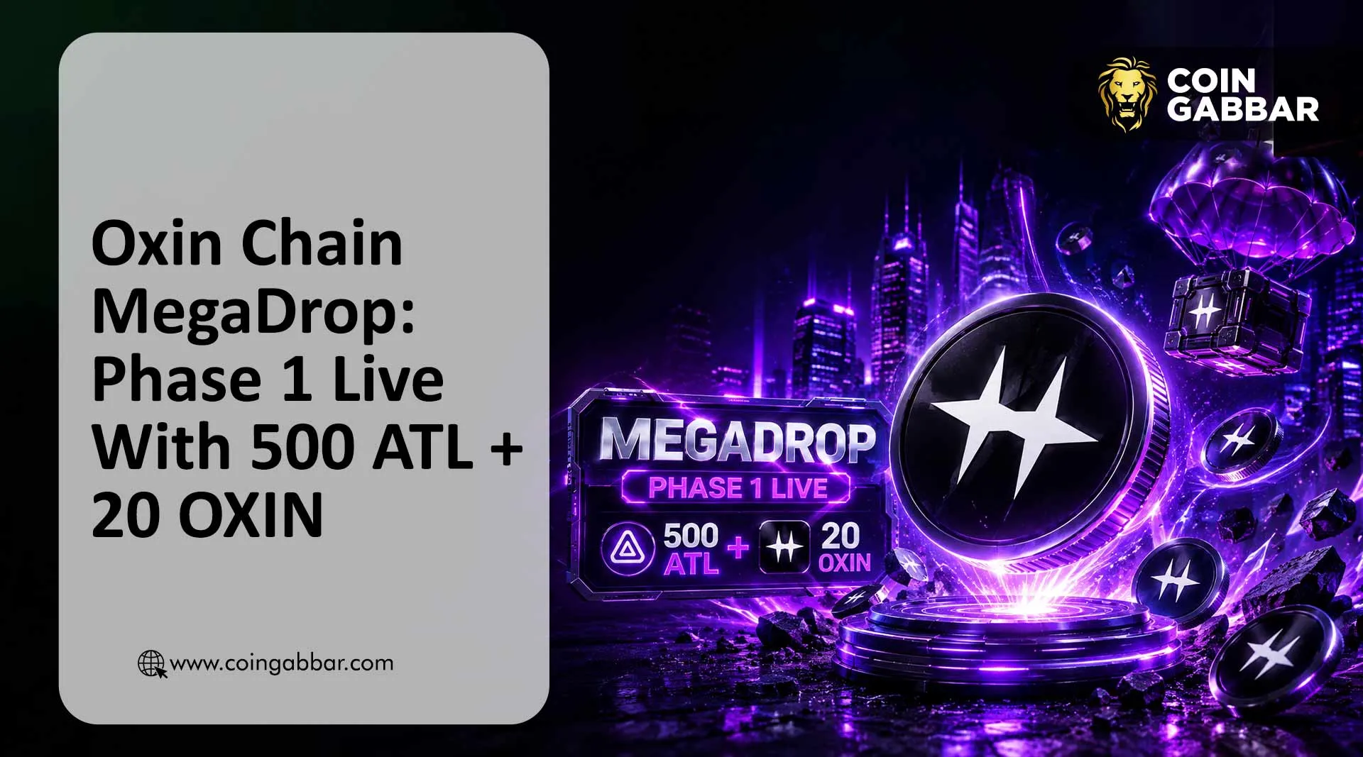 Oxin Chain MegaDrop News: Phase 1 countdown page showing rewards