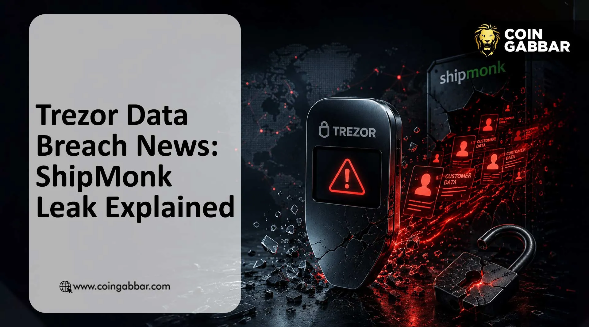 Trezor data breach news graphic showing ShipMonk hack alert
