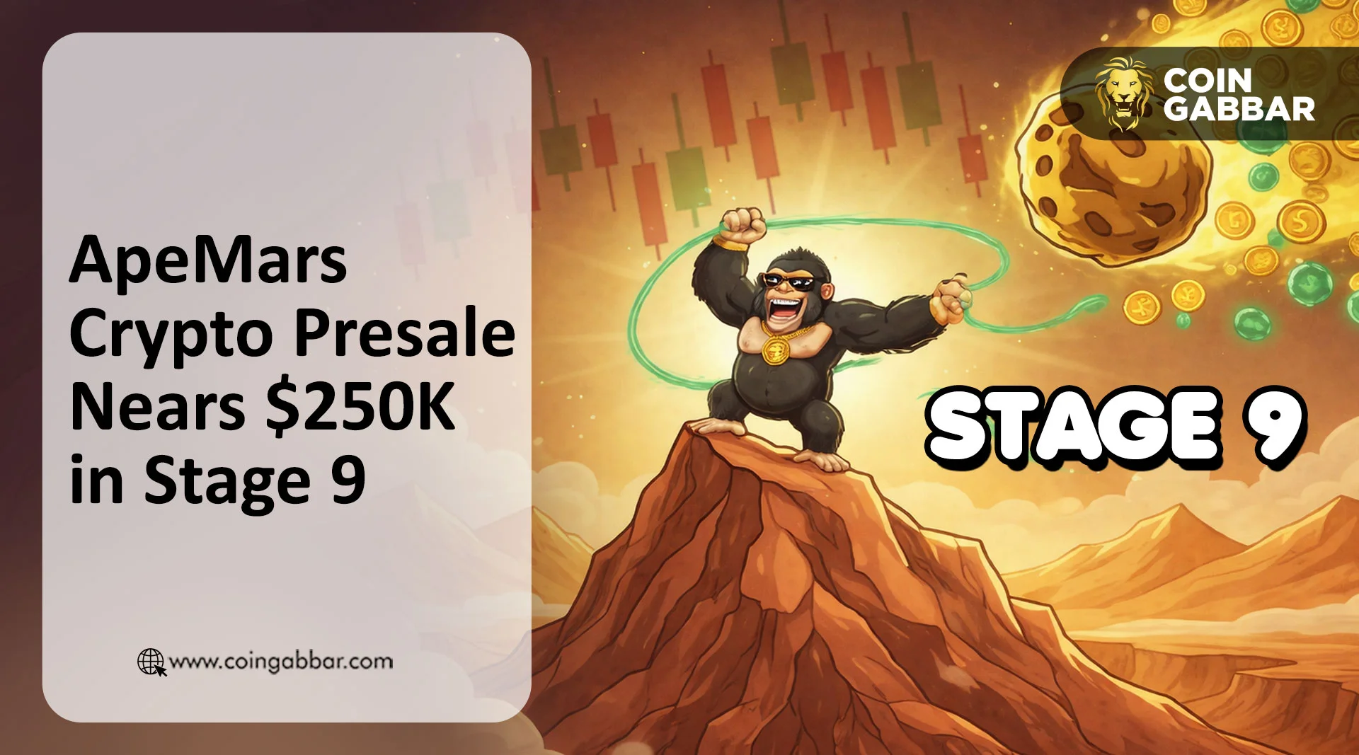 ApeMars crypto presale showing $249,800 raised and 72% sold status.