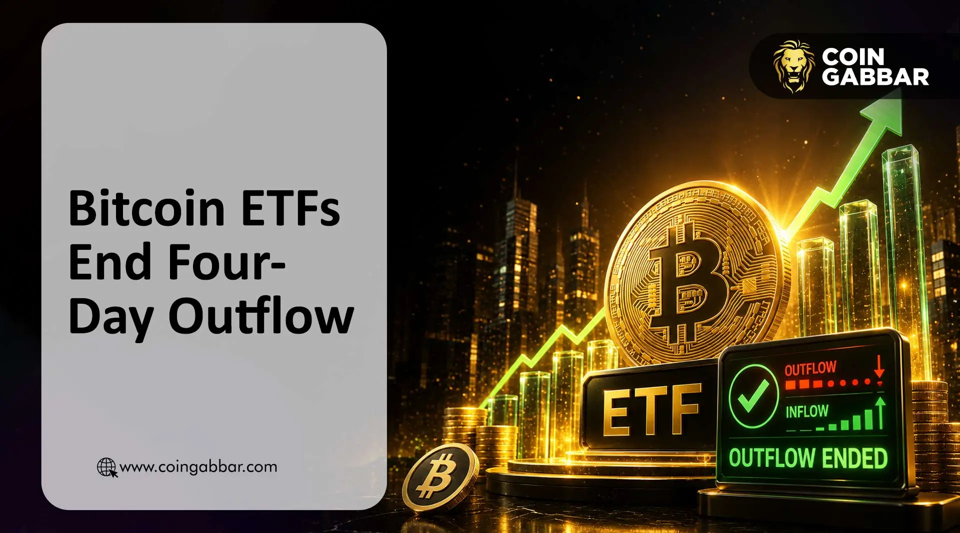 bitcoin etfs: Split-screen visualization with green upward arrow