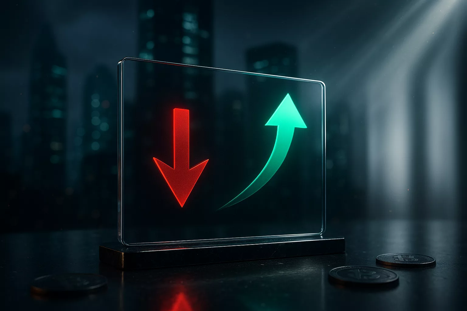 Split green and red flow arrows on a digital panel, representing institutional Bitcoin ETF inflows and outflows.