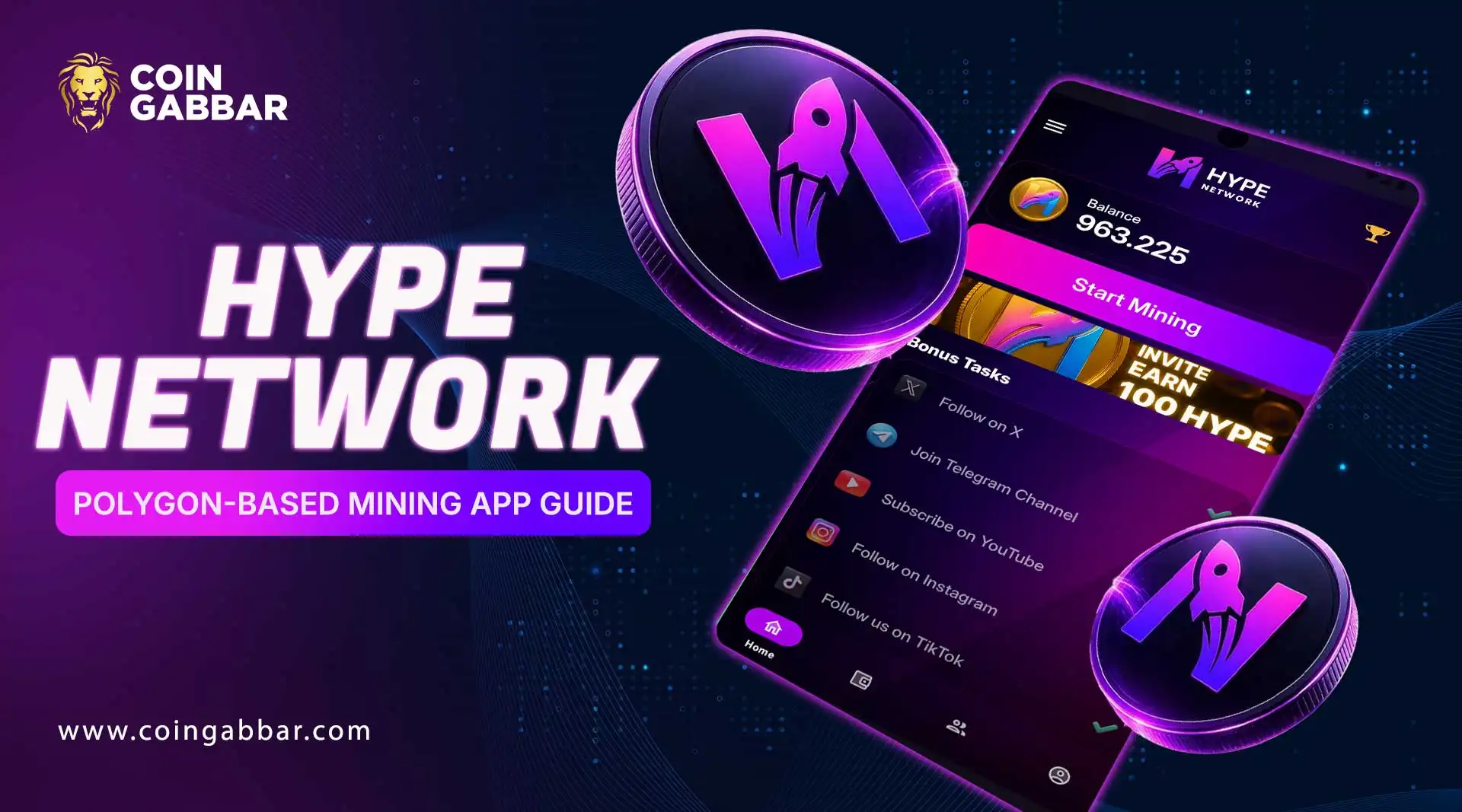 Hype Network mobile crypto mining app on Polygon interface illustration