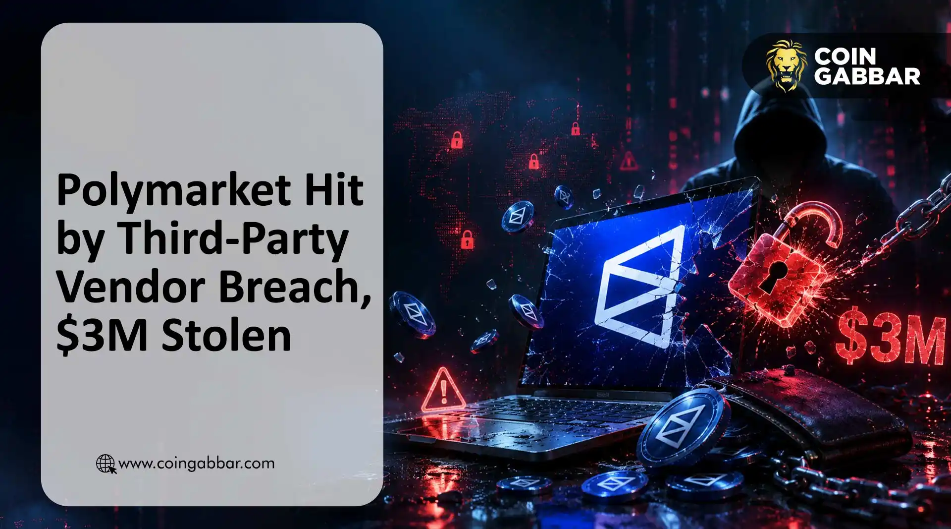 Polymarket security breach illustration showing vendor attack and crypto theft