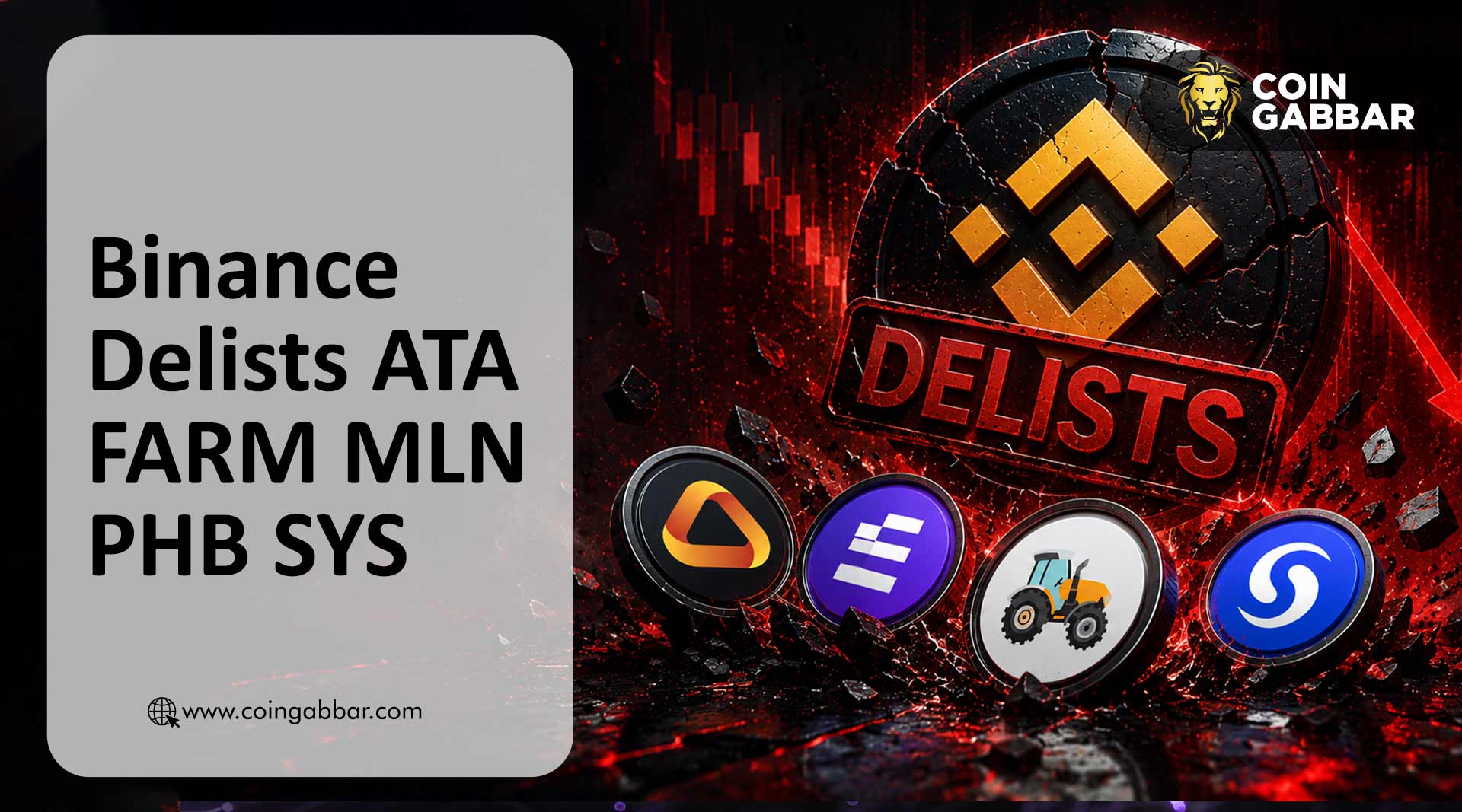 Binance delist ATA FARM MLN PHB SYS price crash prediction May 2026